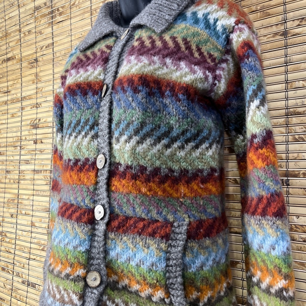 Pachamama Handmade Cardigan Womens S 100% Wool Chevron Chunky Knit Rustic Nordic - Picture 2 of 9
